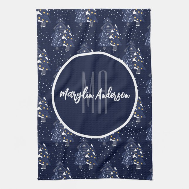 DARK BLUE CHRISTMAS WINTER FOREST MONOGRAM TEA TOWEL (Vertical)