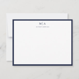 Dark Blue Classic Border Monogram Correspondence Card