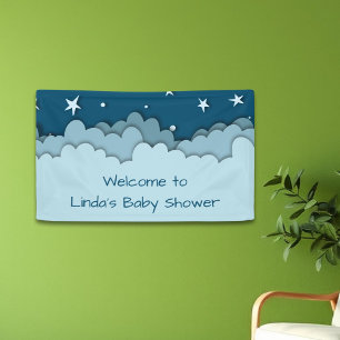 Dark Blue Cloudy Night Stars Welcome Baby Shower B Banner