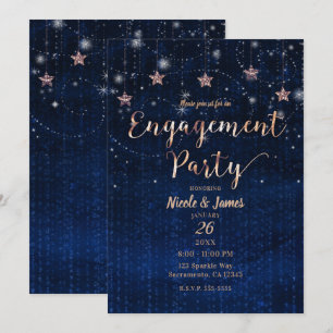 Dark Blue & Copper Bronze Starry Night Engagement Invitation