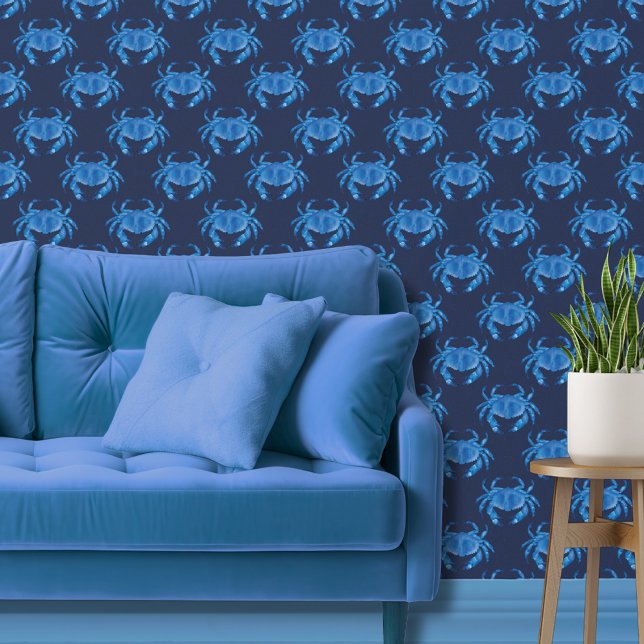 Dark blue crab nautical beach wallpaper (Blue crab coastal chic wallpaper)