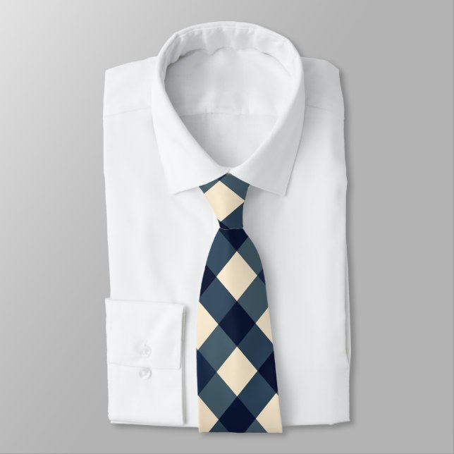 Dark Blue, Cream, and Slate Grey Diagonal Gingham  Tie (Tied)