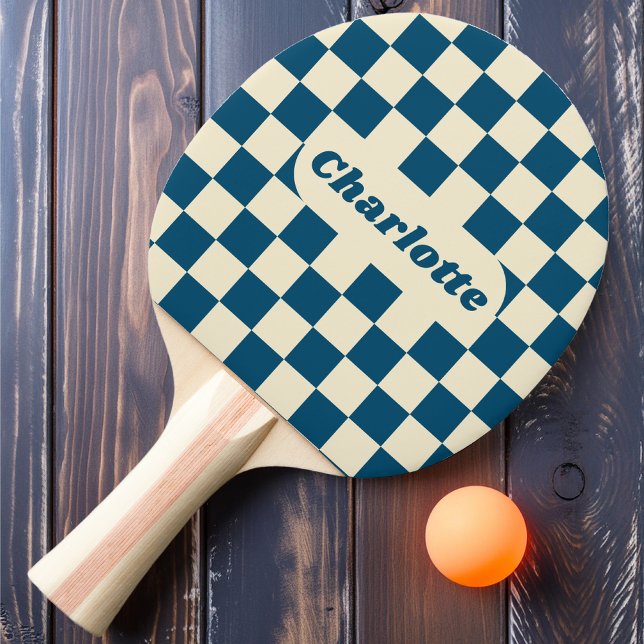 Dark Blue & Cream Chequered with Name Ping Pong Paddle (Creator Uploaded)