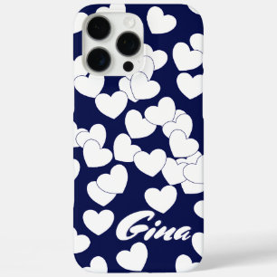 Dark Blue, Custom Name Template, White Hearts iPhone 16 Pro Max Case