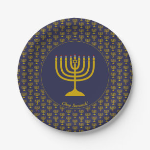 Dark Blue Customisable Hanukkah MENORAH Paper Plate