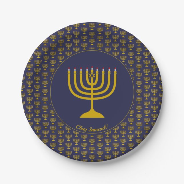 Dark Blue  Customisable | Hanukkah | MENORAH Paper Plate (Front)