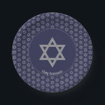 Dark Blue Customisable STAR OF DAVID Paper Plate<br><div class="desc">Elegant dark blue STAR OF DAVID Paper Plates, showing with faux silver Magen David in a tiled pattern. At the centre, there is an image of a larger Star of David, which is CUSTOMIZABLE, so you can upload your own image. Underneath, the text reads CHAG SAMEACH. This is also customisable...</div>