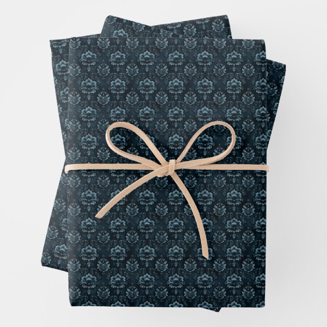 Dark Blue Damask Wrapping Paper Sheet (In situ)