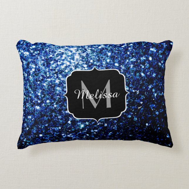 Dark Blue deep shiny faux glitter sparkle Monogram Decorative Cushion (Front)