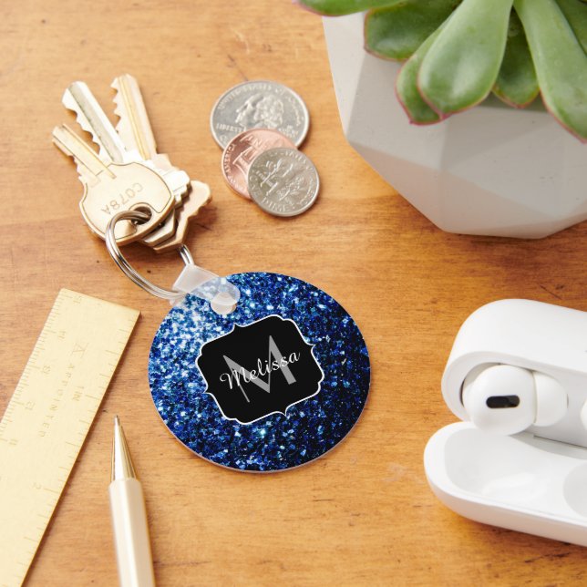 Dark Blue deep shiny faux glitter sparkle Monogram Key Ring (Desk)