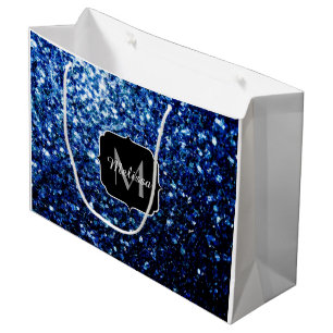 Dark Blue deep shiny faux glitter sparkle Monogram Large Gift Bag