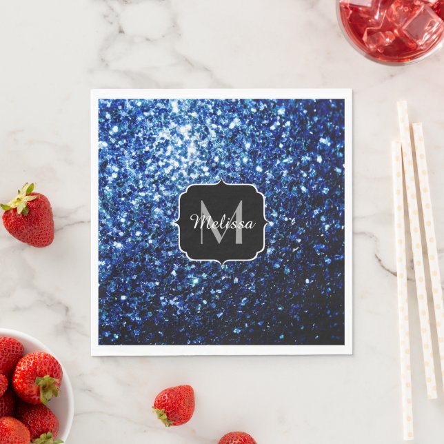 Dark Blue deep shiny faux glitter sparkle Monogram Napkin (Insitu)