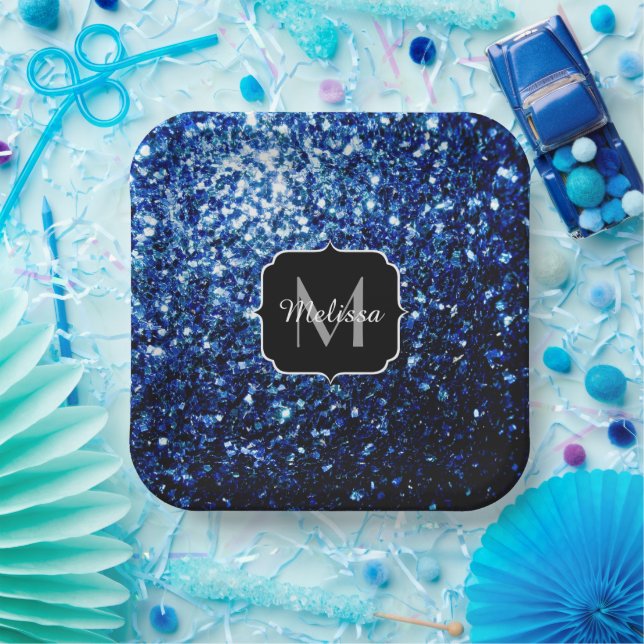 Dark Blue deep shiny faux glitter sparkle Monogram Paper Plate (Party)