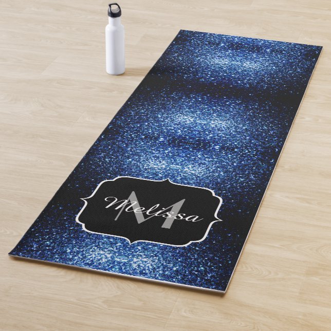 Dark Blue deep shiny faux glitter sparkle Monogram Yoga Mat (In Situ)