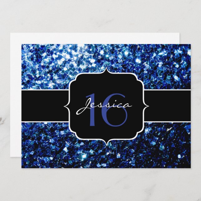 Dark Blue deep shiny faux glitter sparkle Sweet 16 Invitation (Front/Back)