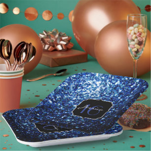 Dark Blue deep shiny faux glitter sparkle Sweet 16 Paper Plate