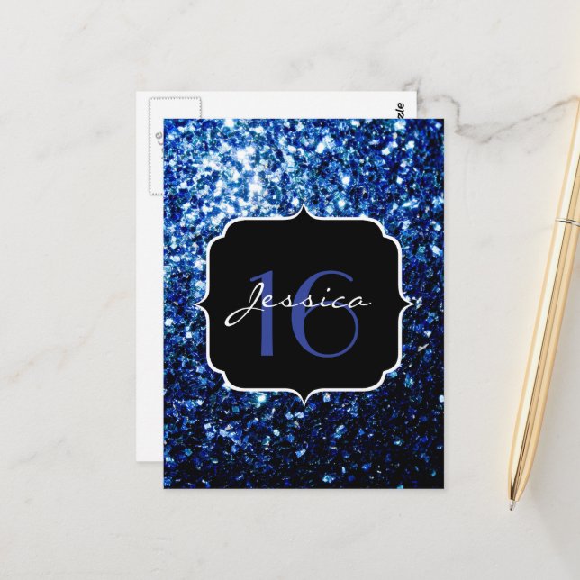 Dark Blue deep shiny faux glitter sparkle Sweet 16 Postcard (Front/Back In Situ)