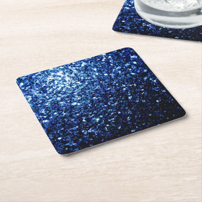 Dark Blue deep shiny faux glitter sparkles Square Paper Coaster (Angled)