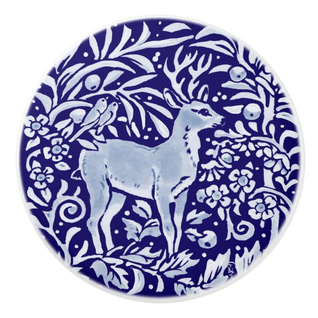 Dark Blue Deer Buck Bird Woodland Animal Floral Ceramic Knob (Front)