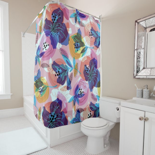 Dark-blue delicate flowers collage shower curtain (In Situ)