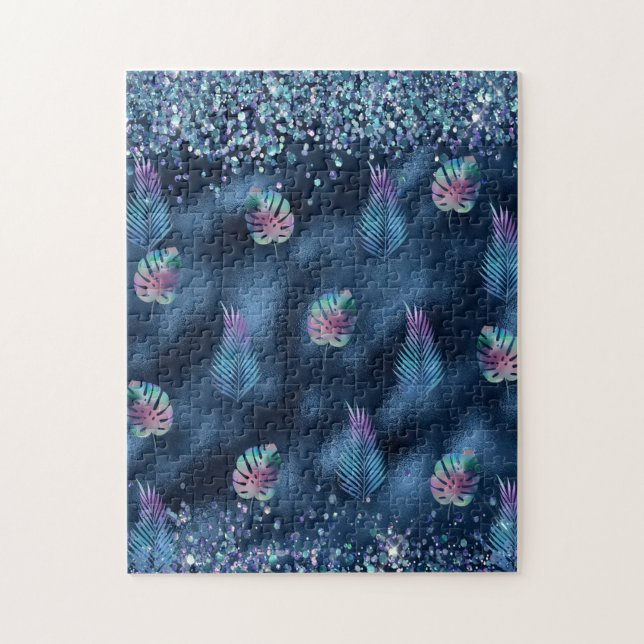 Dark Blue Design with Turquoise & Pink Leaves Jigsaw Puzzle (Vertical)