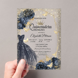 Dark Blue Dress,Roses,Gold Butterflies Quinceañera Acrylic Invitations