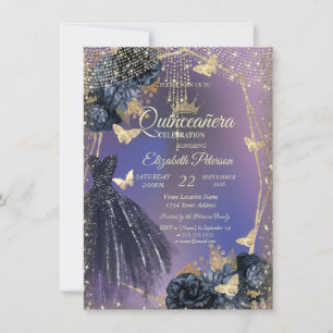 Dark Blue Dress,Roses,Gold Butterflies Quinceañera Invitation