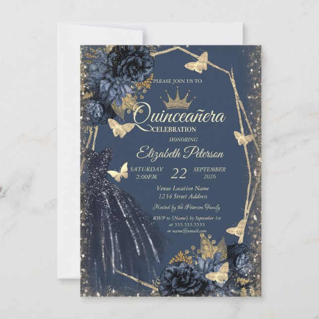 Dark Blue Dress,Roses,Gold Butterflies Quinceañera Invitation (Front)