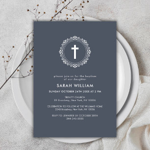 Dark Blue Elegant Classic Cross Wreath Baptism Invitation