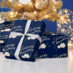Dark Blue Elegant Merry Christmas White Poinsettia Wrapping Paper<br><div class="desc">This wrapping paper features a vintage inspired digital graphic of white poinsettias on a dark navy blue background. The script text in a gold gradient reads: Merry Christmas.</div>