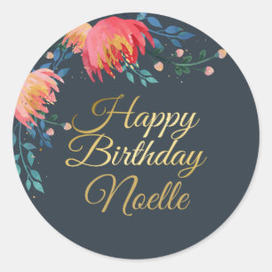 Dark Blue, Elegant, Whimsical Flowers, Gold Accent Classic Round Sticker