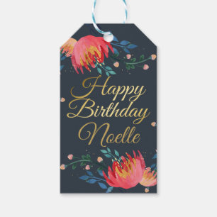 Dark Blue, Elegant, Whimsical Flowers, Gold Accent Gift Tags