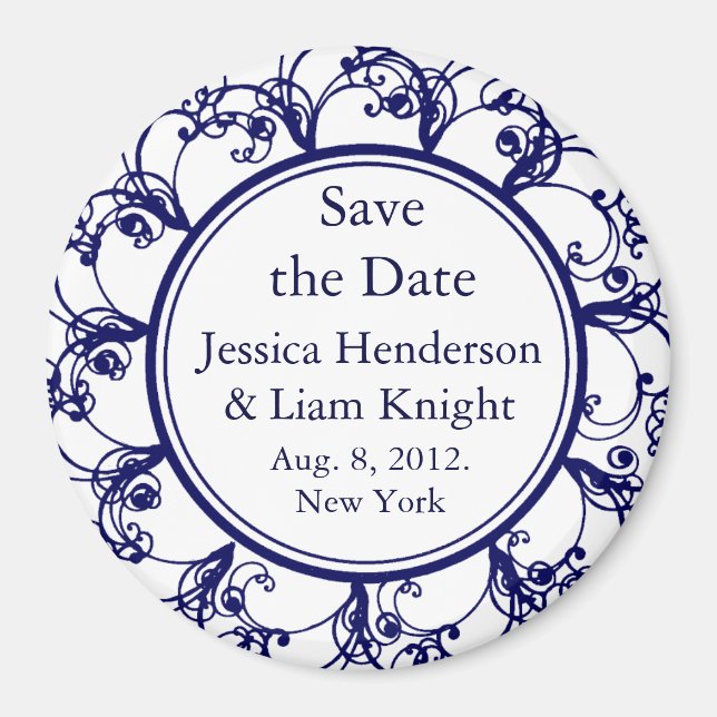 Dark Blue Fancy Monogram Save the Date Magnet (Front)