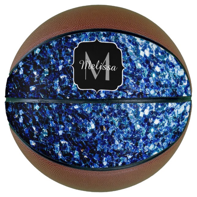 Dark blue faux glitter sparkle Monogram name Basketball (Front)