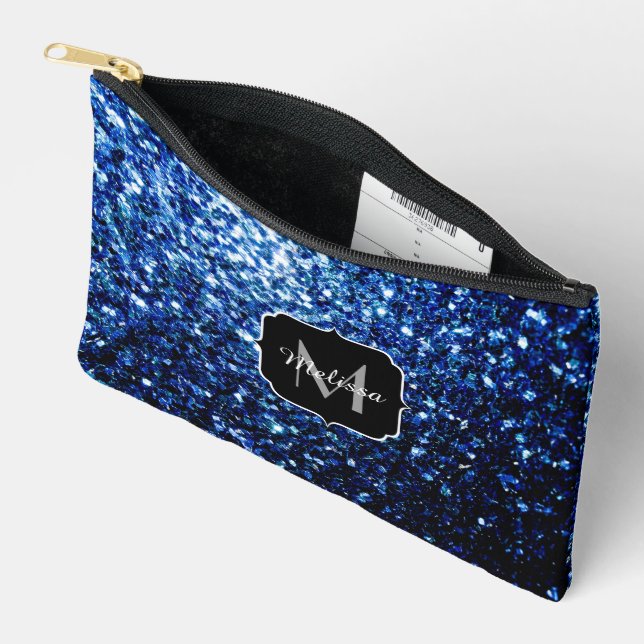 Dark blue faux glitter sparkles Monogram Accessory Pouch (Open)