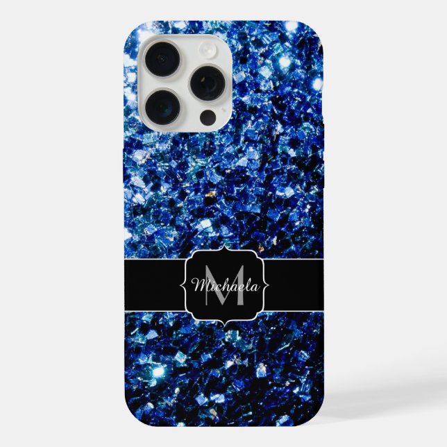 Dark blue faux glitter sparkles Monogram iPhone Case (Back)