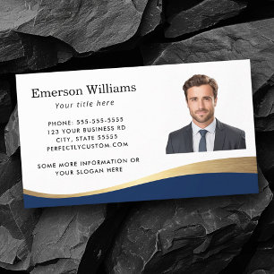 Dark blue faux golden wave custom photo business card
