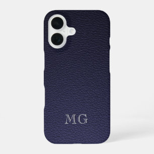 Dark Blue Faux Leather White Monogrammed Initials iPhone 16 Case