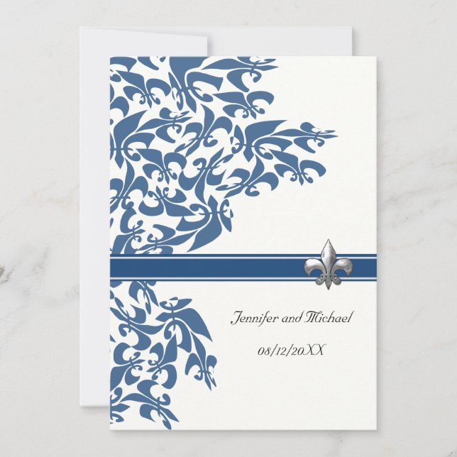 Dark Blue Fleur de Lis Design Wedding Invite (Front)