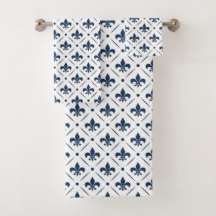 Dark blue Fleur De Lis pattern on white background Bath Towel Set