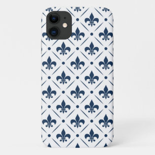 Dark blue Fleur De Lis pattern on white background Case-Mate iPhone Case