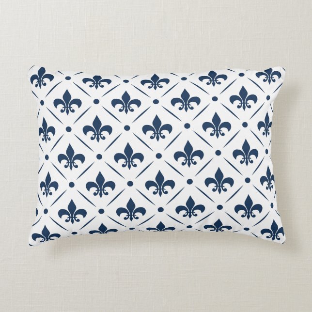 Dark blue Fleur De Lis pattern on white background Decorative Cushion (Front)