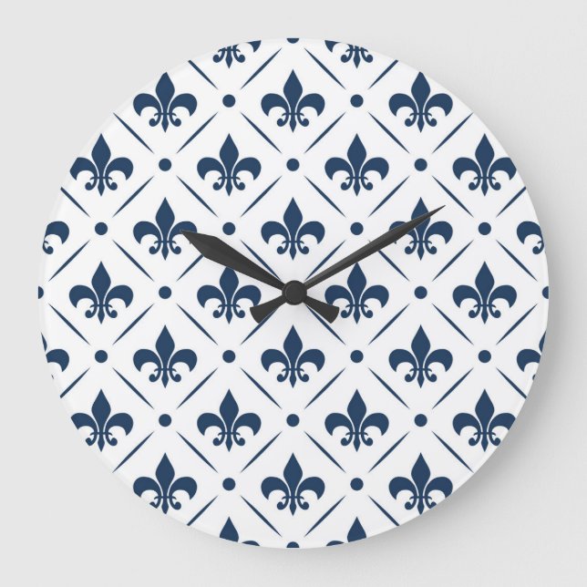 Dark blue Fleur De Lis pattern on white background Large Clock (Front)