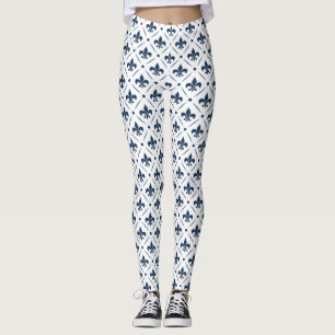 Dark blue Fleur De Lis pattern on white background Leggings