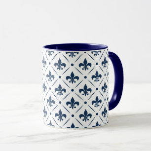 Dark blue Fleur De Lis pattern on white background Mug