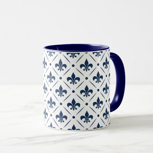 Dark blue Fleur De Lis pattern on white background Mug (Front Right)