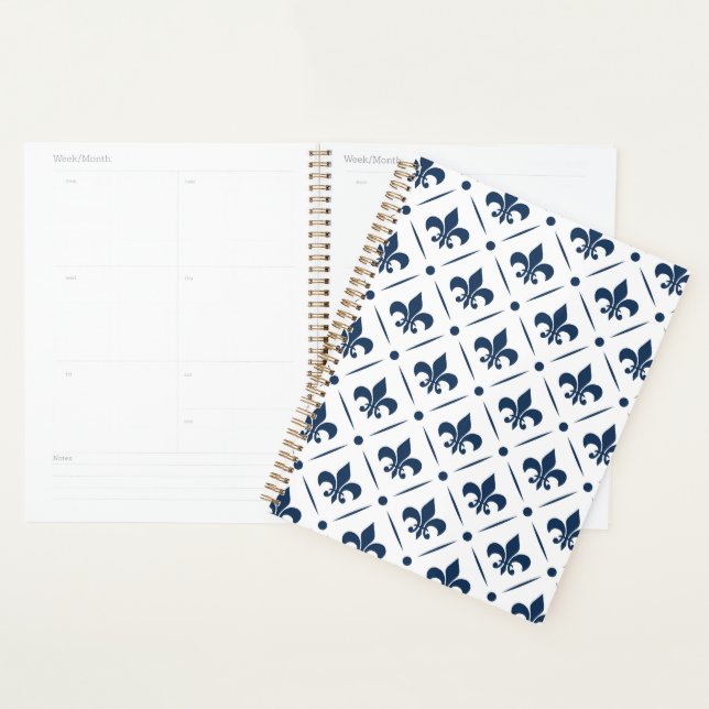 Dark blue Fleur De Lis pattern on white background Planner (Display)