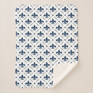 Dark blue Fleur De Lis pattern on white background Sherpa Blanket