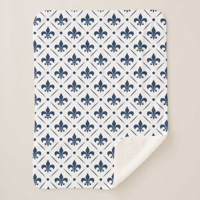 Dark blue Fleur De Lis pattern on white background Sherpa Blanket (Front)