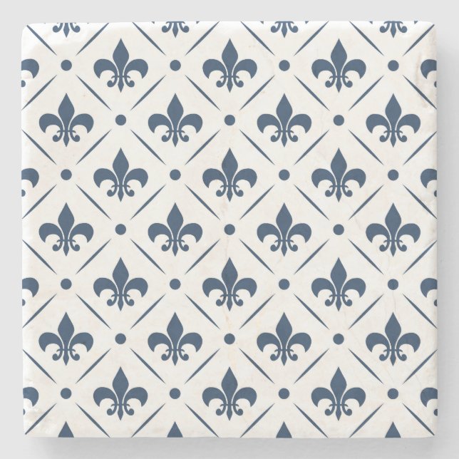 Dark blue Fleur De Lis pattern on white background Stone Coaster (Front)